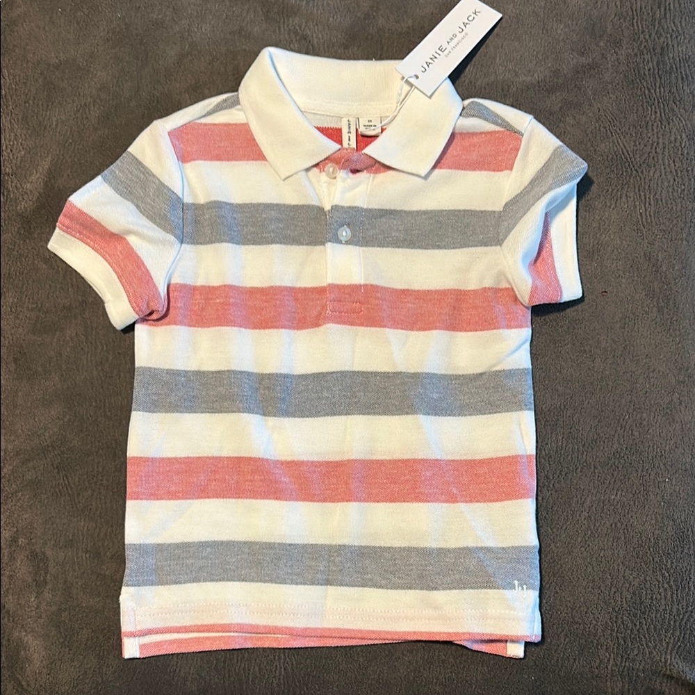Janie and Jack Striped Kids Polo Shirt - Red, Gray, and White